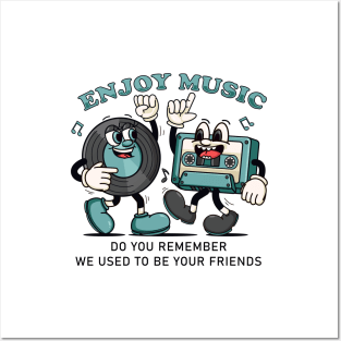 Enjoy the Music. Retro mascots of vinyl records and cassettes that dance to music Posters and Art